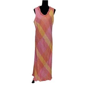Victoria Holley 16 Pink Plaid 100% Linen V-neck Sleeveless Maxi Dress